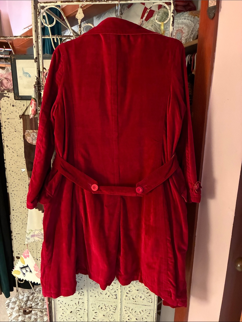 April Cornell Deep Red Velvet Trench Coat - Picture 3 of 11
